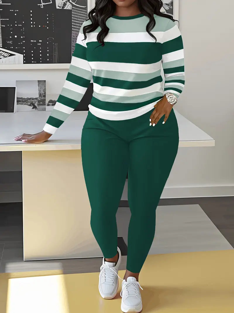 Women's Casual Striped Crew Neck Sweater & Solid Color Pants Set
