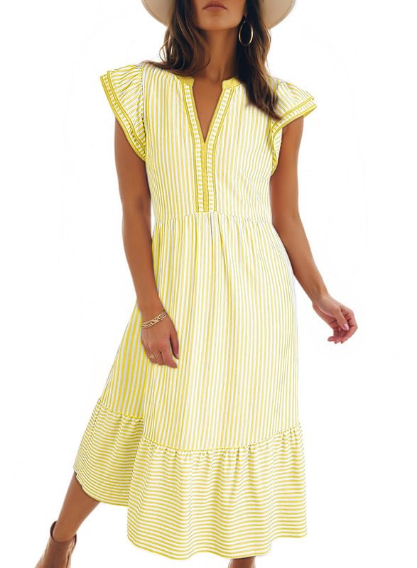 Womens V-Neck Ruffle Striped Beach Midi Maxi Dress with Pockets