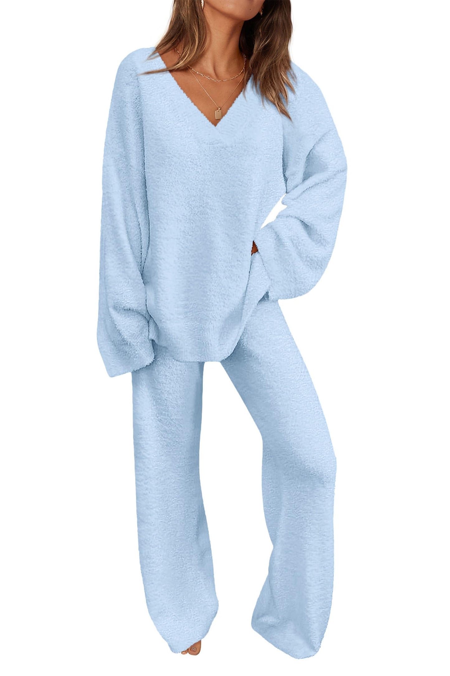 ✨Women's 2 Piece Oversized V Neck Pullover Sweater Fuzzy Lounge Set (Buy 2 Free Shipping)