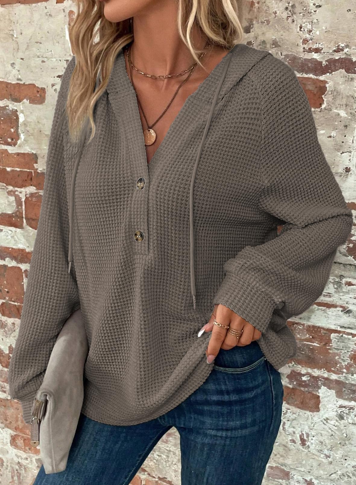 Women's Waffle Knit Drawstring Button V Neck Hooded Sweatshirt