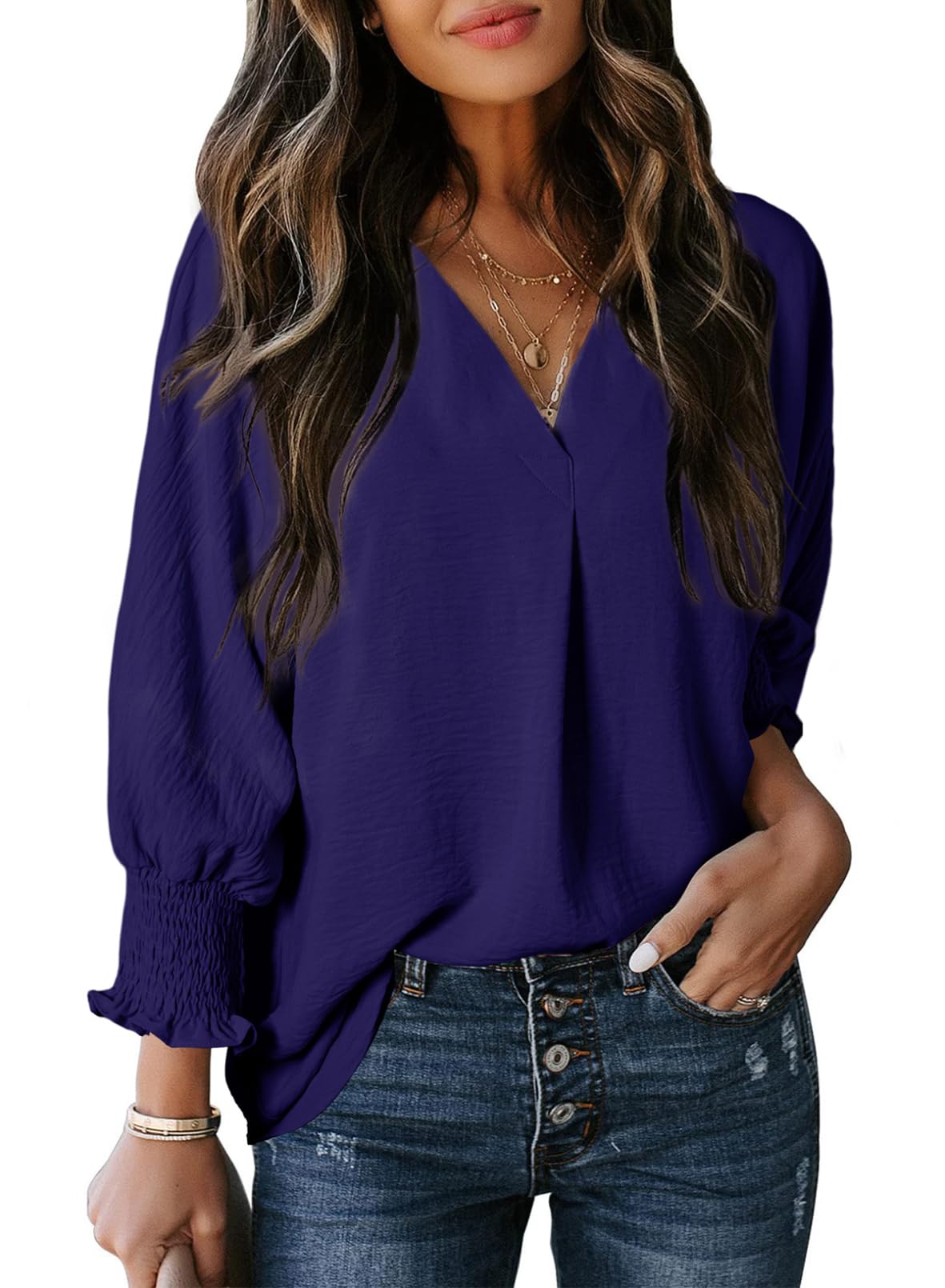 🔥Hot Sale-Womens Casual 3/4 Sleeve V Neck Loose Fit Basic Tees (BUY 3 FREE SHIPPING)