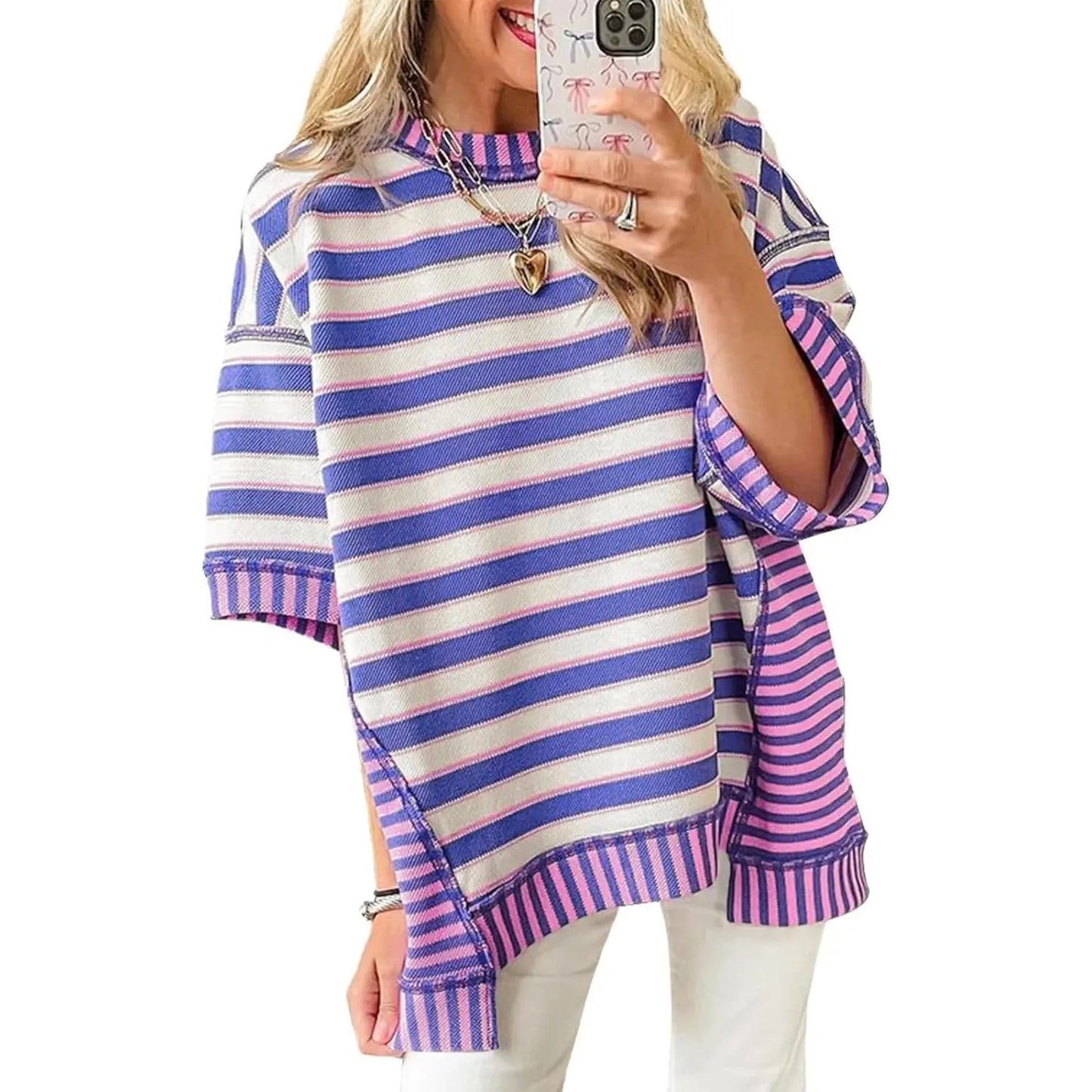 Womens Oversized Striped Shirt Summer Half Sleeve Tops Crew Neck Sweatshirts Casual Blouse