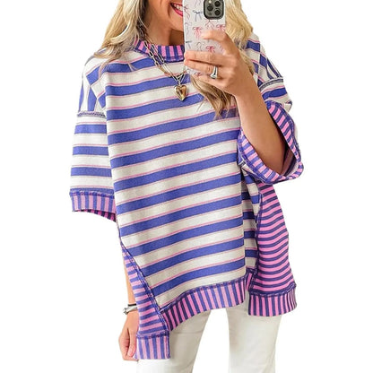 Womens Oversized Striped Shirt Summer Half Sleeve Tops Crew Neck Sweatshirts Casual Blouse
