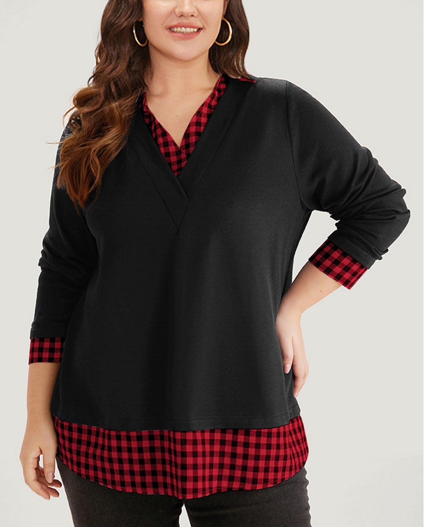 Plaid patchwork shirt V-neck curved hem sweatshirt【Buy Two Free Shipping】