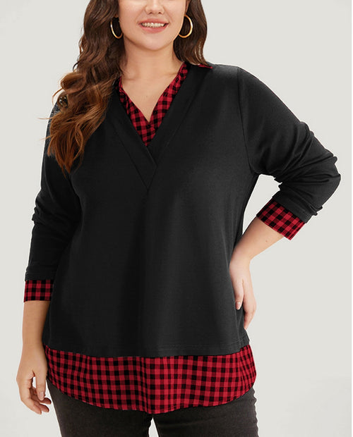 Plaid patchwork shirt V-neck curved hem sweatshirt【Buy Two Free Shipping】