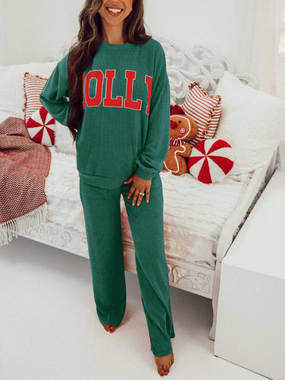 ✨Womens JOLLY Graphic Christmas Ribbed Long Sleeve Top & Pants 2 Piece Set