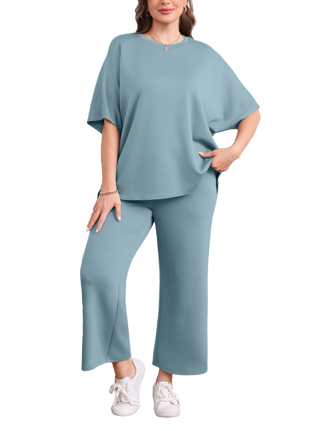 Women Oversized Tshirt and Wide Leg Crop Pants 2 Piece Sets