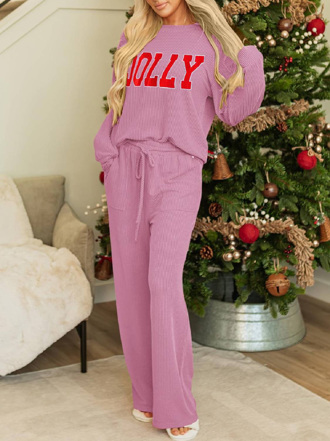 ✨Womens JOLLY Graphic Christmas Ribbed Long Sleeve Top & Pants 2 Piece Set