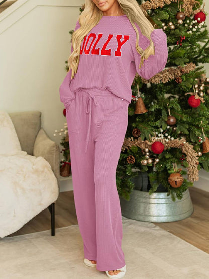 ✨Womens JOLLY Graphic Christmas Ribbed Long Sleeve Top & Pants 2 Piece Set