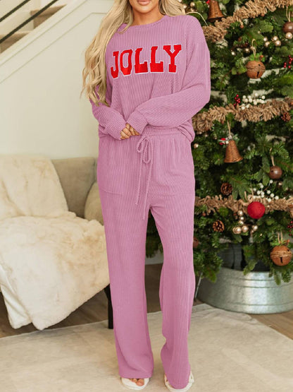 ✨Womens JOLLY Graphic Christmas Ribbed Long Sleeve Top & Pants 2 Piece Set