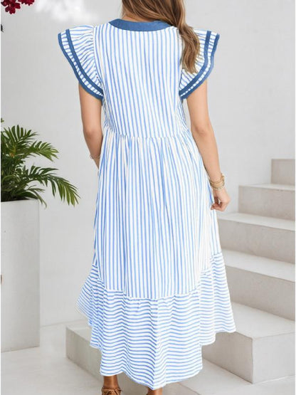 Womens V-Neck Ruffle Striped Beach Midi Maxi Dress with Pockets