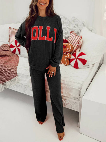 ✨Womens JOLLY Graphic Christmas Ribbed Long Sleeve Top & Pants 2 Piece Set
