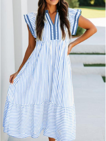 Womens V-Neck Ruffle Striped Beach Midi Maxi Dress with Pockets