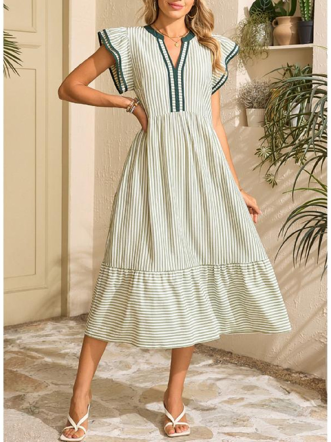 Womens V-Neck Ruffle Striped Beach Midi Maxi Dress with Pockets