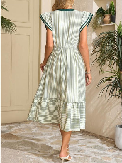 Womens V-Neck Ruffle Striped Beach Midi Maxi Dress with Pockets