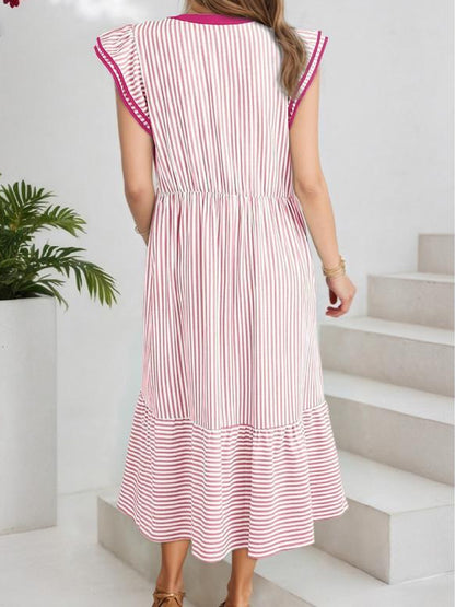 Womens V-Neck Ruffle Striped Beach Midi Maxi Dress with Pockets