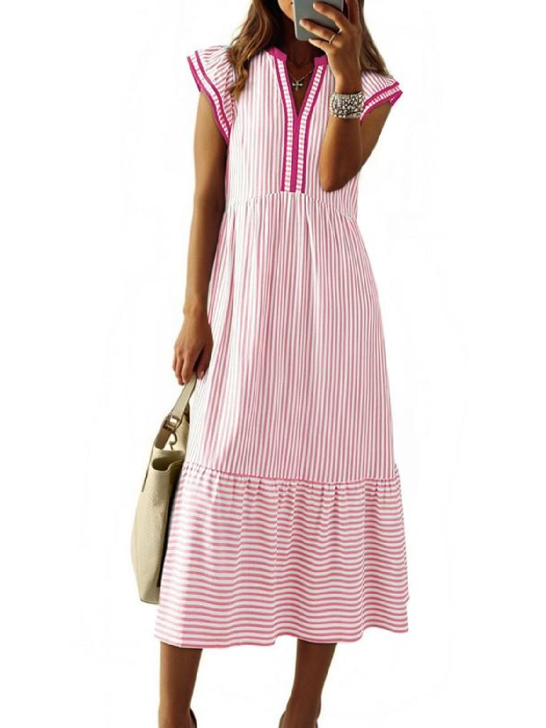 Womens V-Neck Ruffle Striped Beach Midi Maxi Dress with Pockets