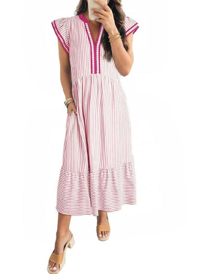 Womens V-Neck Ruffle Striped Beach Midi Maxi Dress with Pockets