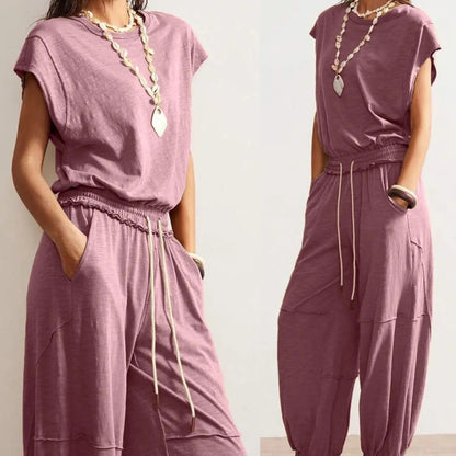 Women's Casual Sleeveless One Piece Jumpsuits Crewneck Cap Sleeve Drawstring Romper Springfresh One Piece Outfits with Pockets