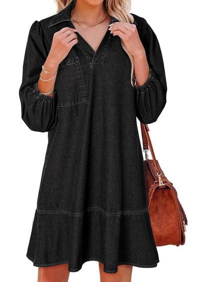 ✨Women's V-neck Puff Sleeve Denim Layered Dress(BUY 2 FREE SHIPPING)