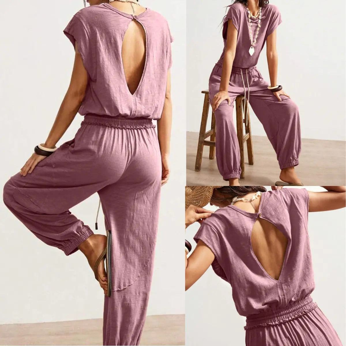 Women's Casual Sleeveless One Piece Jumpsuits Crewneck Cap Sleeve Drawstring Romper Springfresh One Piece Outfits with Pockets