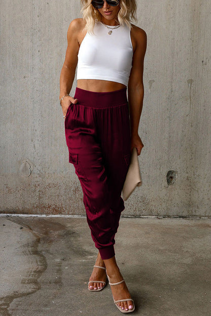 Women's Satin High Waist Pocketed Joggers