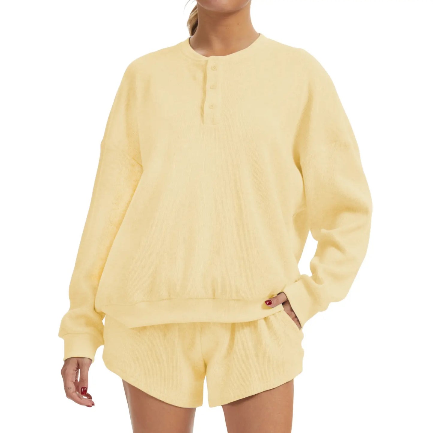 Women's Oversized Waffle Knit Lounge Set - Henley Sweatshirt & High Waisted Shorts