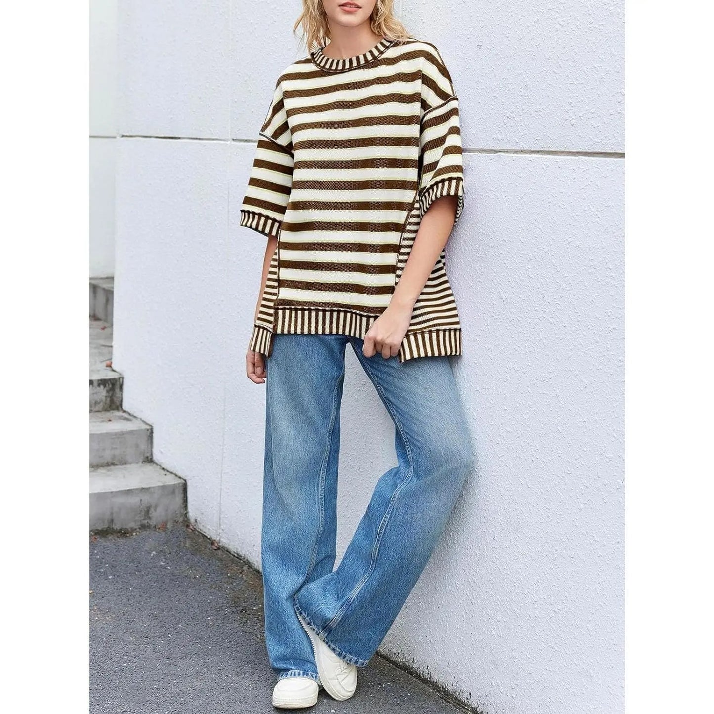Womens Oversized Striped Shirt Summer Half Sleeve Tops Crew Neck Sweatshirts Casual Blouse