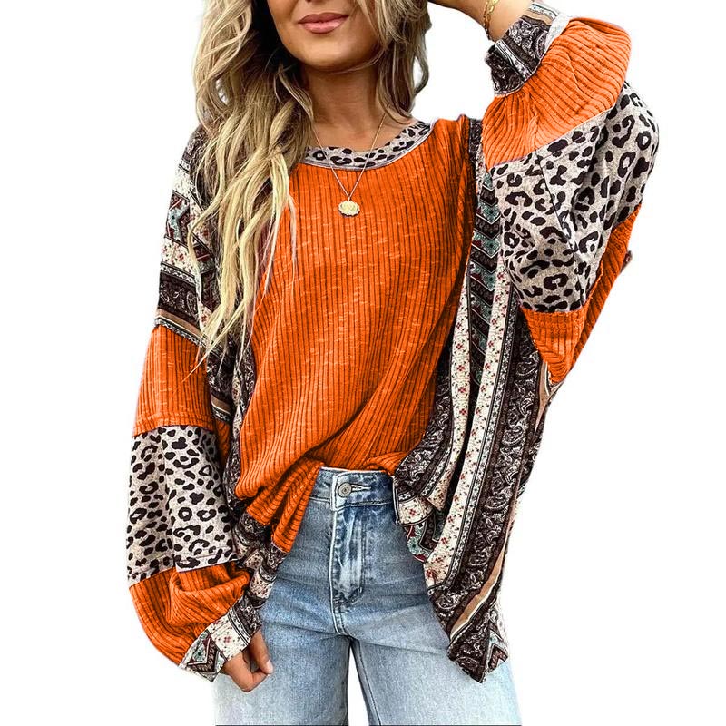Womens Loose fit Long Sleeve Oversized Retro Leopard Contrast Patchwork Top