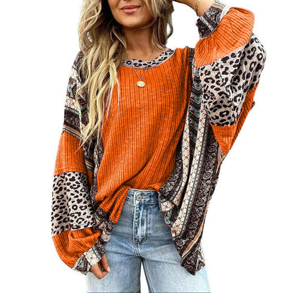 Womens Loose fit Long Sleeve Oversized Retro Leopard Contrast Patchwork Top