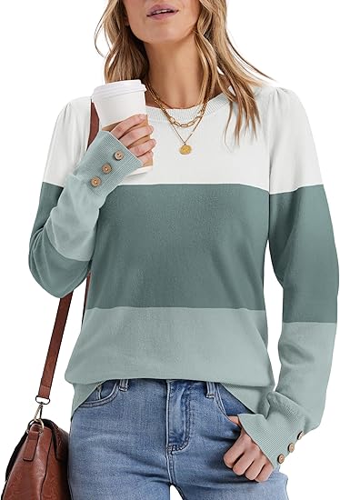 Long Sleeve Button Cuff Soft Knit Pullover Trendy Tops
