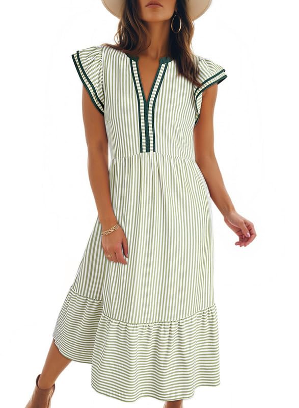 Womens V-Neck Ruffle Striped Beach Midi Maxi Dress with Pockets