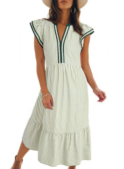 Womens V-Neck Ruffle Striped Beach Midi Maxi Dress with Pockets