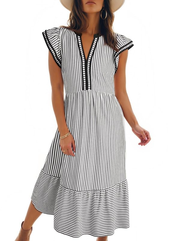 Womens V-Neck Ruffle Striped Beach Midi Maxi Dress with Pockets