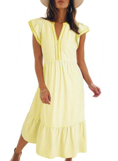 Womens V-Neck Ruffle Striped Beach Midi Maxi Dress with Pockets
