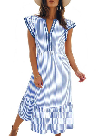 Womens V-Neck Ruffle Striped Beach Midi Maxi Dress with Pockets