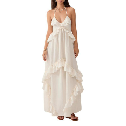 Women Sleeveless Halter Dress Backless Ruffled Summer Swing Dress