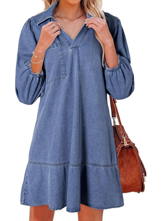 ✨Women's V-neck Puff Sleeve Denim Layered Dress(BUY 2 FREE SHIPPING)