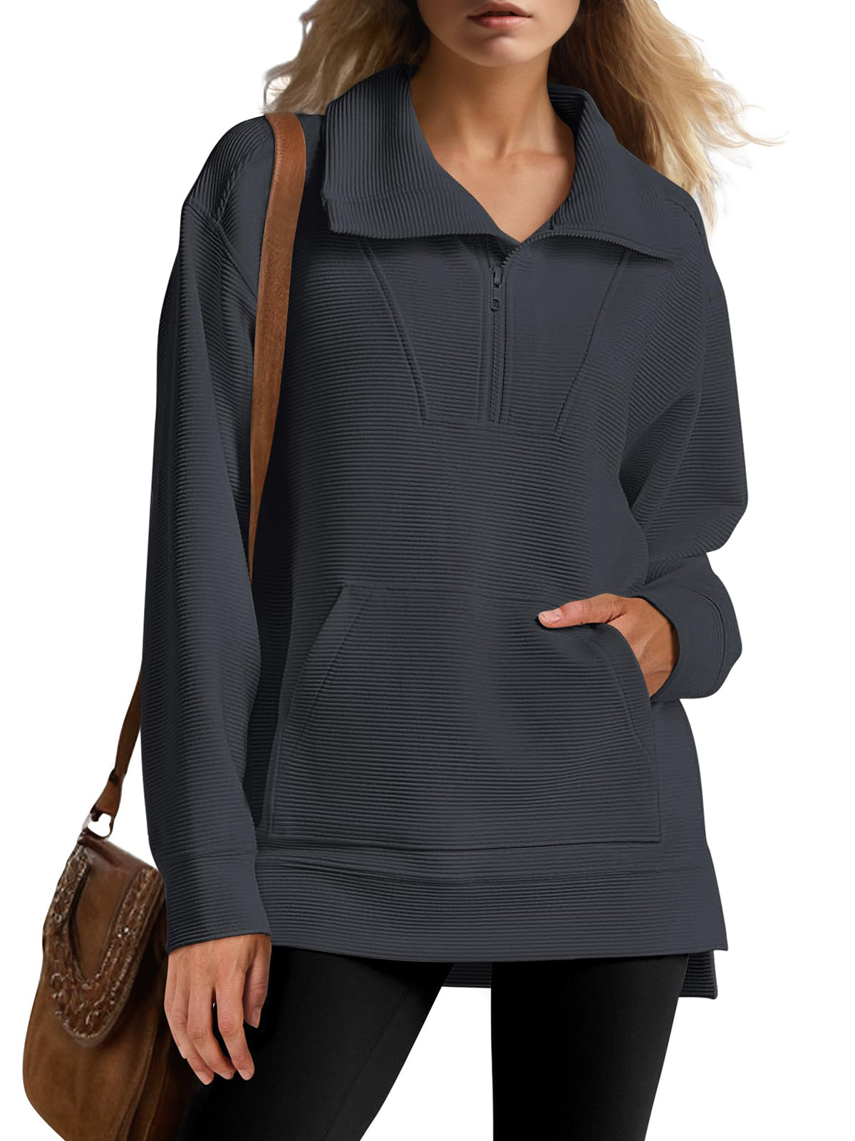 Women's Oversized High Neck Half Zip Knit Sweatshirt (Buy 2 Free Shipping)