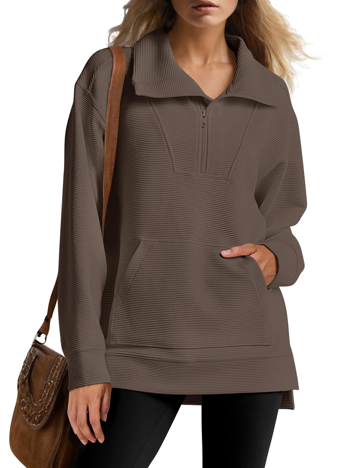 Women's Oversized High Neck Half Zip Knit Sweatshirt (Buy 2 Free Shipping)