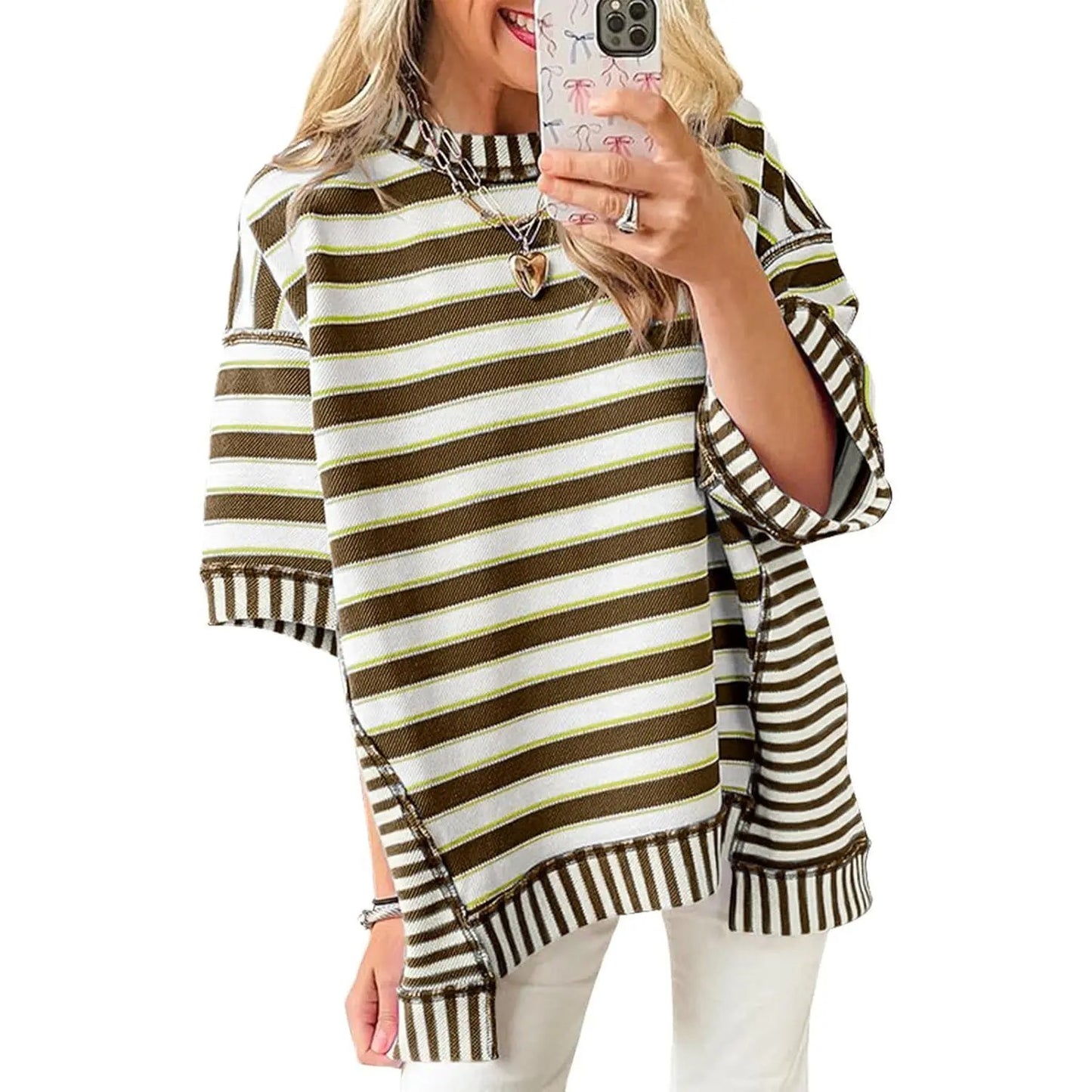 Womens Oversized Striped Shirt Summer Half Sleeve Tops Crew Neck Sweatshirts Casual Blouse