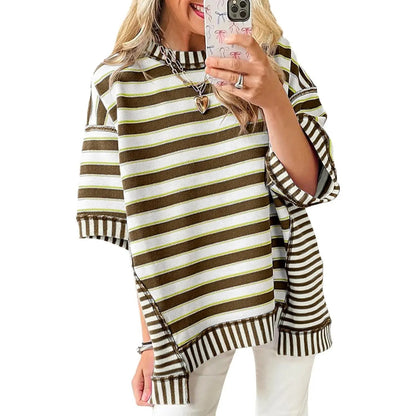 Womens Oversized Striped Shirt Summer Half Sleeve Tops Crew Neck Sweatshirts Casual Blouse