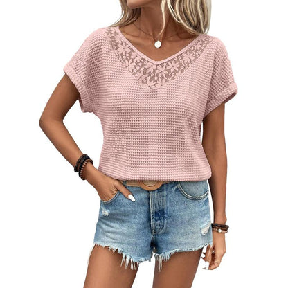 Waffle Knit Hollow Out Lace Tops