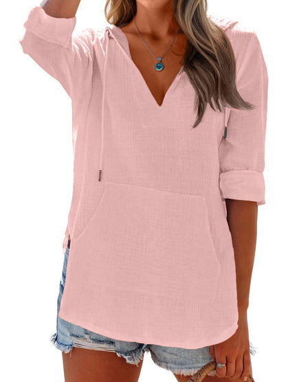 ✨Women's Long Sleeve V Neck Pocketed Hooded Shirt Top