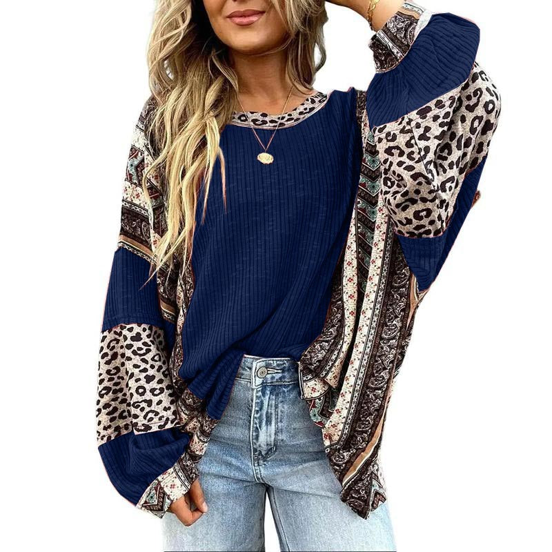 Womens Loose fit Long Sleeve Oversized Retro Leopard Contrast Patchwork Top