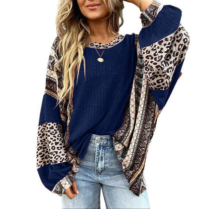 Womens Loose fit Long Sleeve Oversized Retro Leopard Contrast Patchwork Top