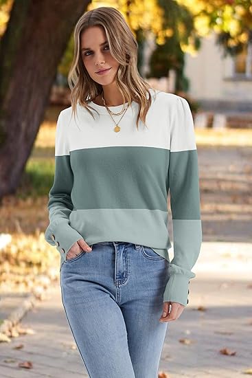 Long Sleeve Button Cuff Soft Knit Pullover Trendy Tops