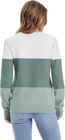 Long Sleeve Button Cuff Soft Knit Pullover Trendy Tops