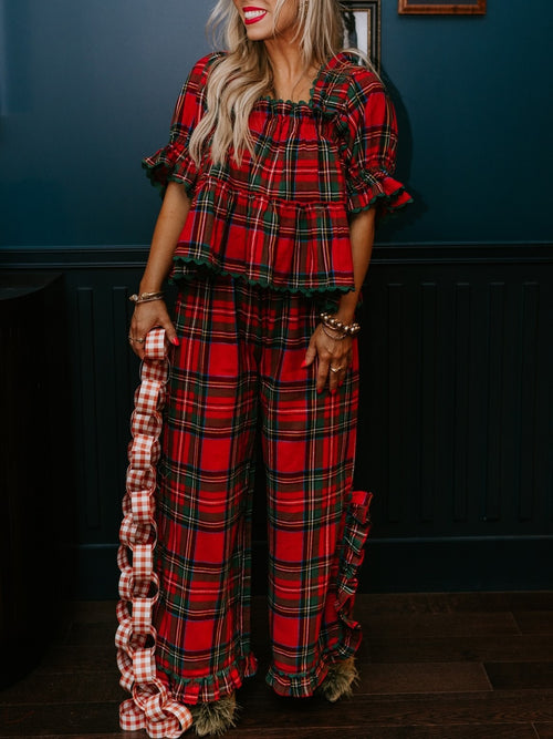 ✨Women's Christmas Plaid Ruffle Puff Sleeve Pajamas Set(BUY 2 FREE SHIPPING)