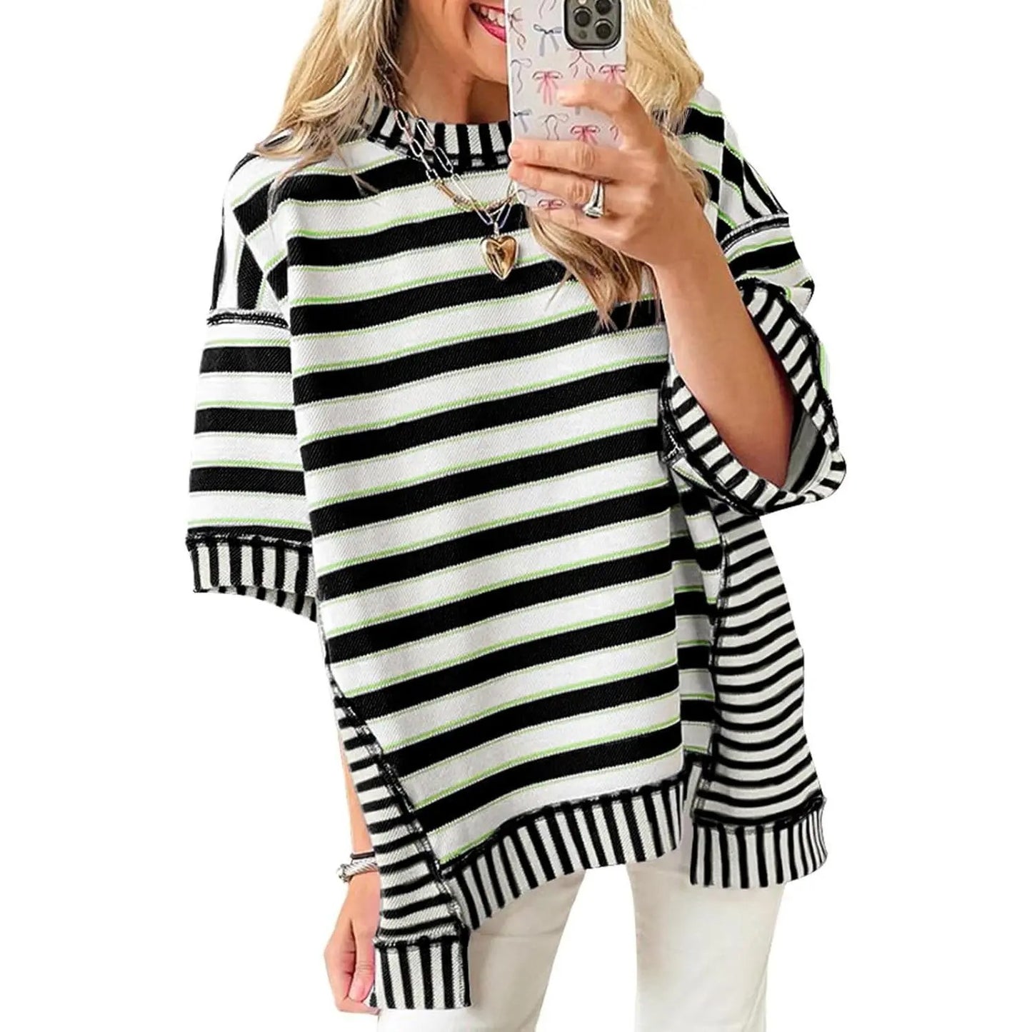 Womens Oversized Striped Shirt Summer Half Sleeve Tops Crew Neck Sweatshirts Casual Blouse